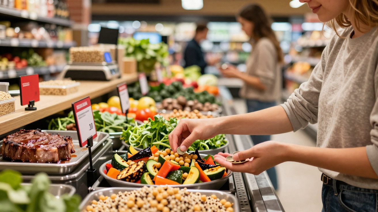Pessoa a escolher legumes frescos numa banca de supermercado com variedade de alimentos saudáveis.