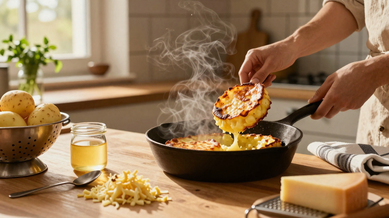 Mãos a virar batata rostie dourada e fumegante numa frigideira, numa cozinha com luz natural.