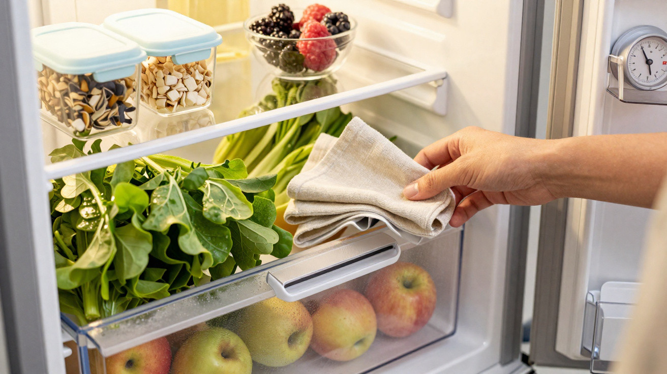 Mão a guardar um pano no frigorífico entre maçãs, folhas verdes e caixa com bagas.