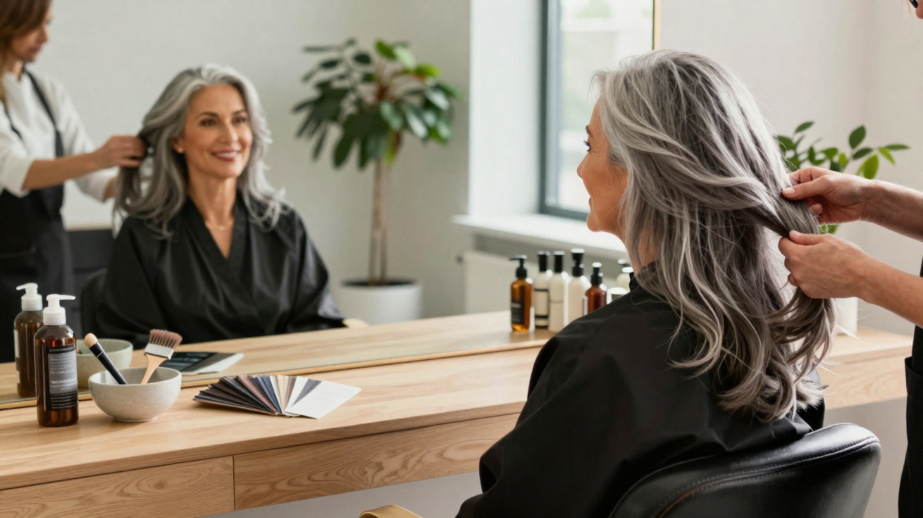 Mulher madura com cabelo cinzento comprido num salão de beleza, sentada a olhar ao espelho enquanto cabeleireiro ajeita o cab