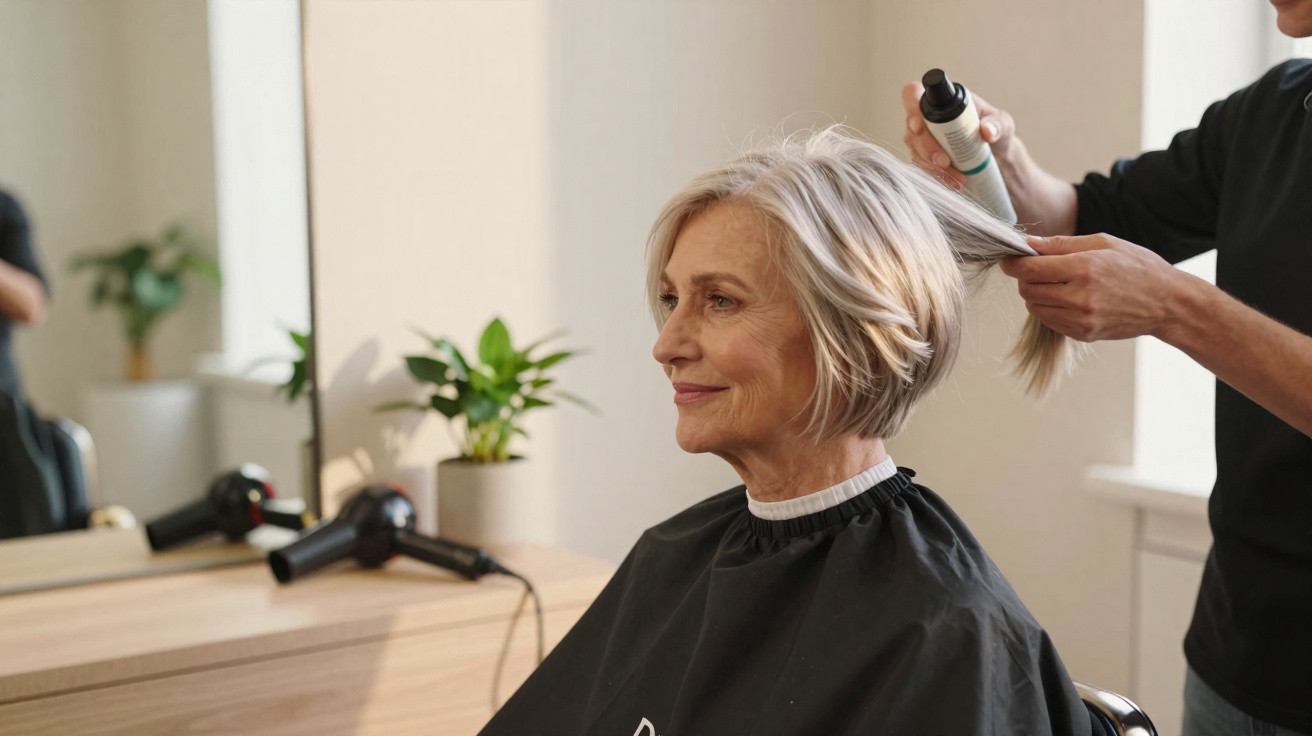 Mulher de cabelo cinzento curto a ser penteada num salão de beleza, sentada e sorridente.