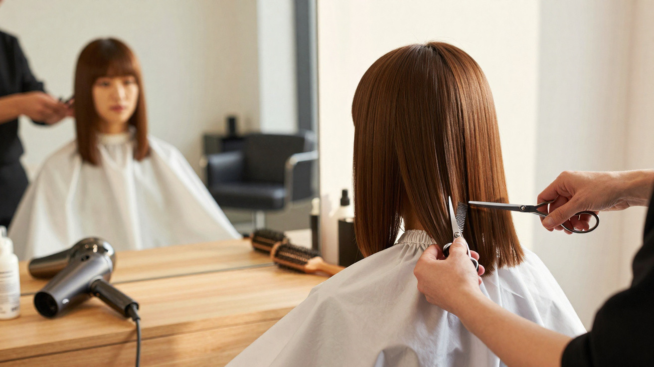 Mulher a cortar o cabelo com tesoura num salão, vista de costas e pelo espelho à frente.
