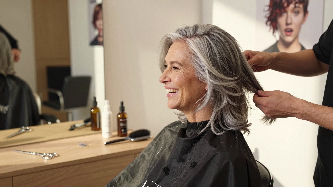 Mulher sorridente com cabelo grisalho médio a ser penteada num salão de cabeleireiro.