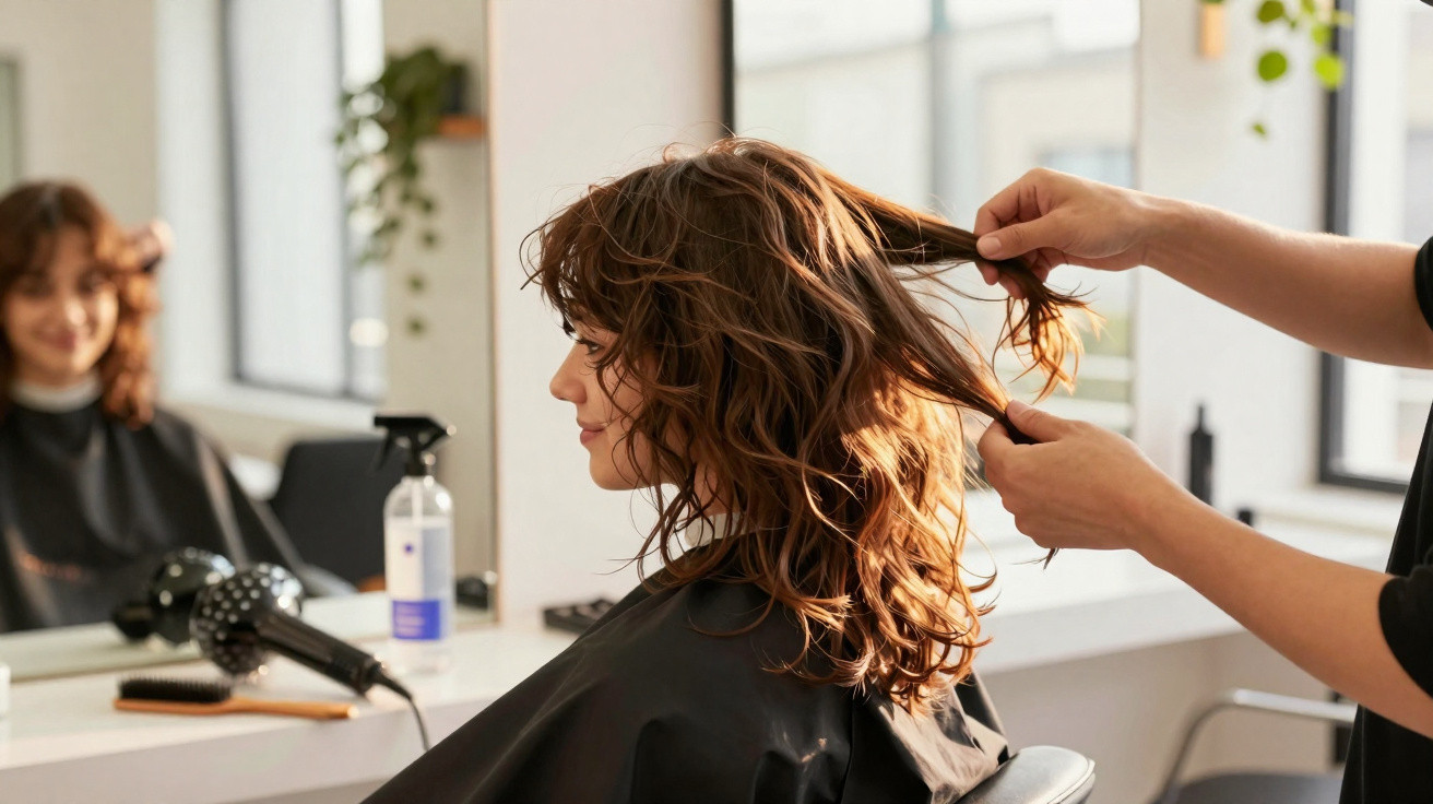 Mulher com cabelo ondulado castanho num salão de cabeleireiro, com cabeleireiro a pentear-lhe o cabelo.