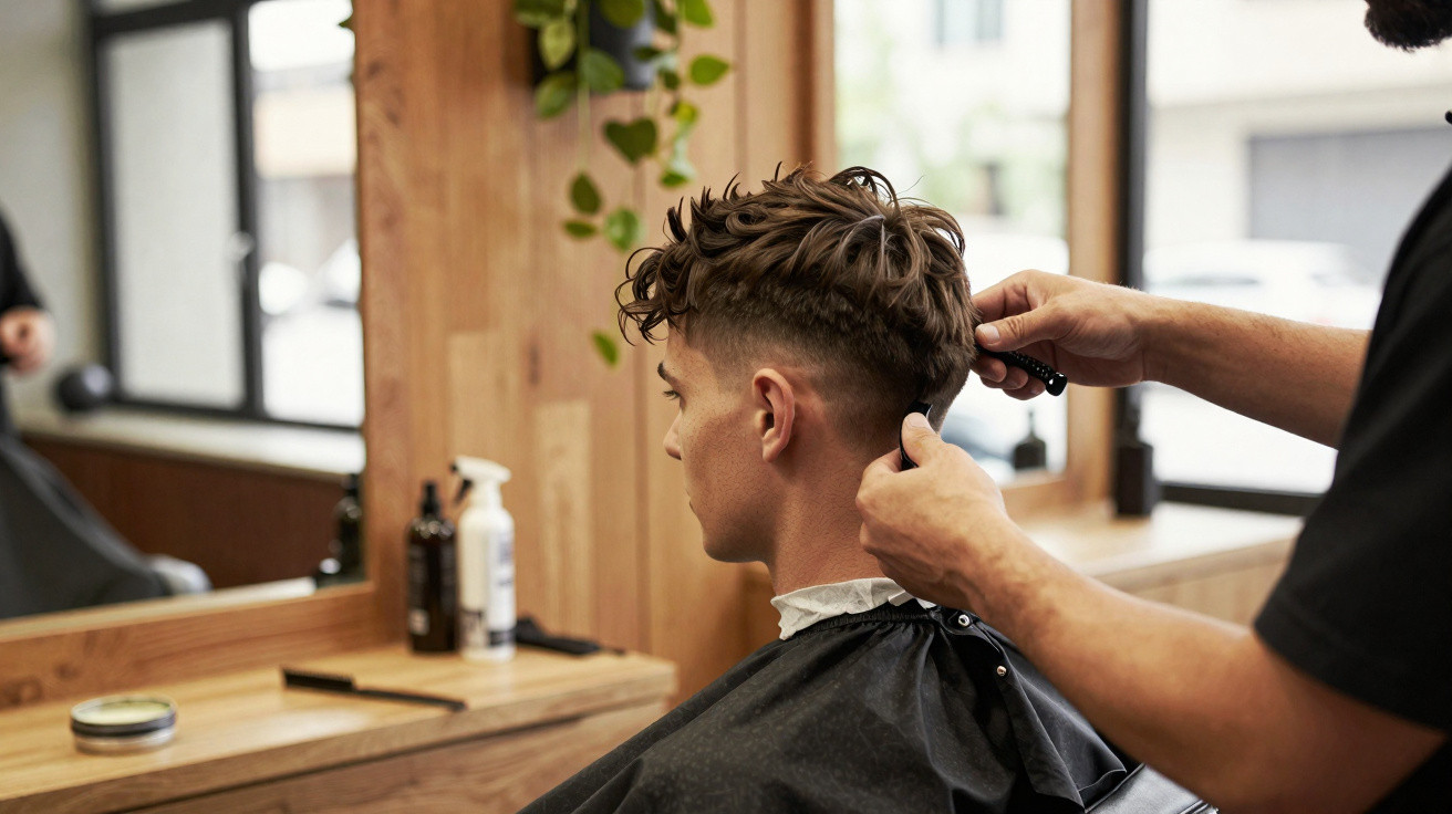 Barbeiro a cortar cabelo de homem jovem numa barbearia moderna com decoração em madeira.