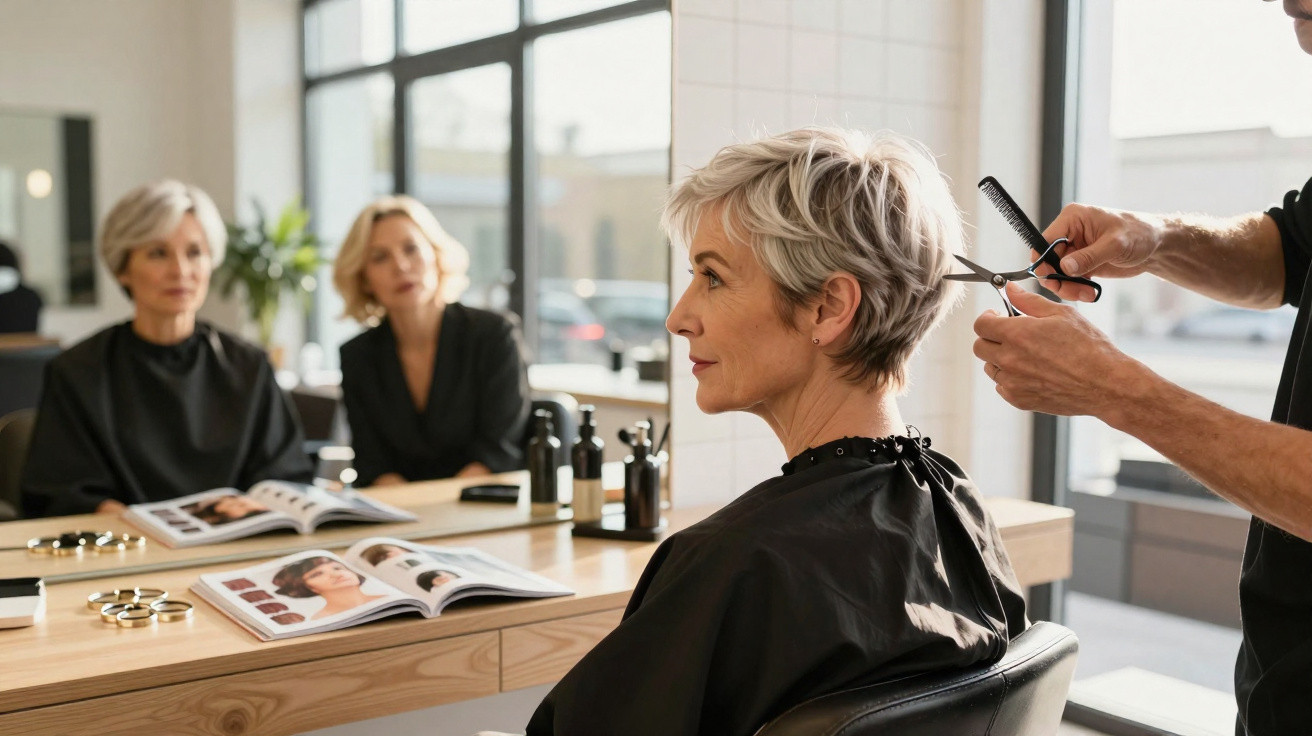 Mulher com cabelo grisalho curto a cortar o cabelo num salão moderno com espelho e catálogo de cortes.
