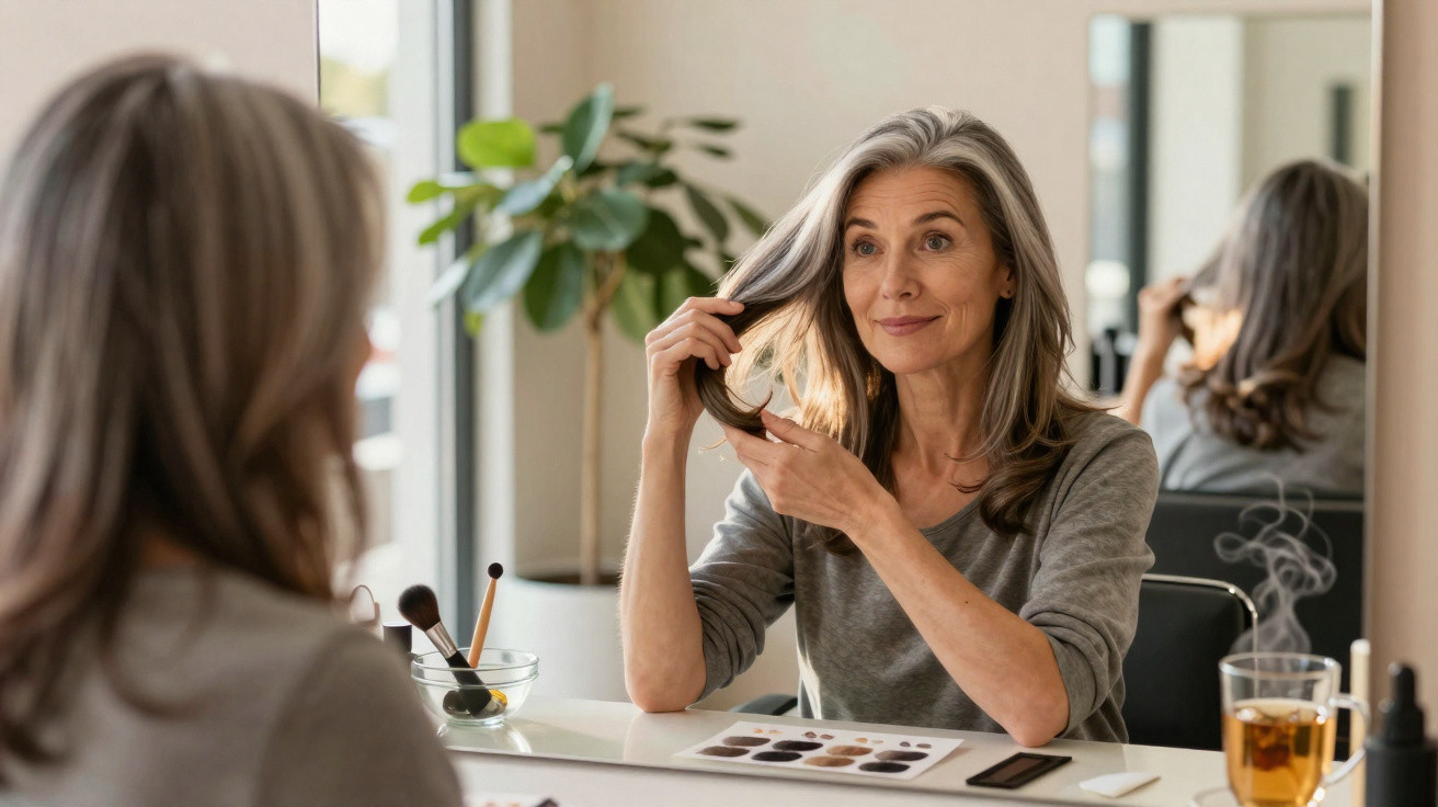 Mulher madura com cabelo grisalho sorri enquanto toca no cabelo sentada diante do espelho com chá e maquilhagem.