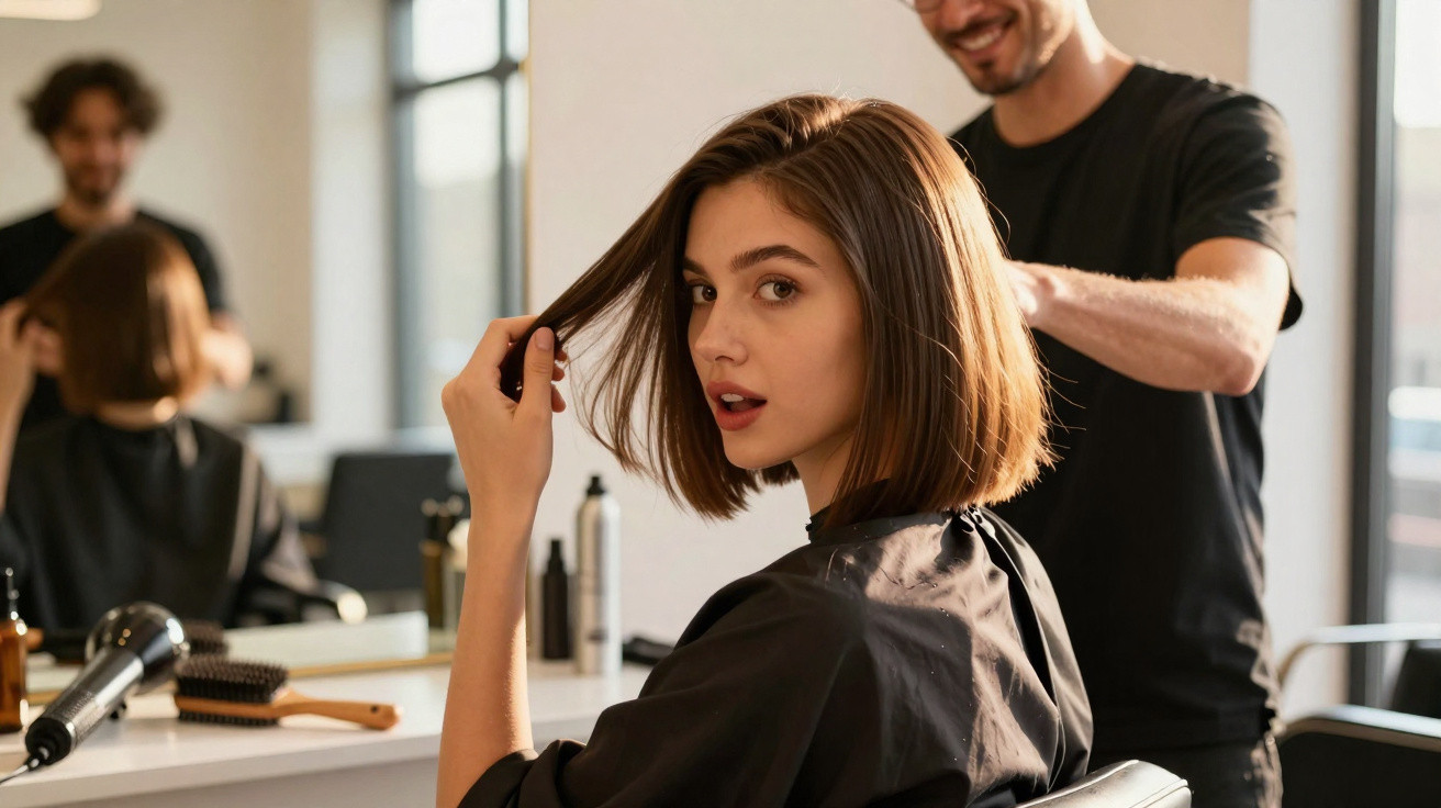 Mulher sentada no cabeleireiro a mostrar o cabelo enquanto o cabeleireiro trabalha ao fundo.