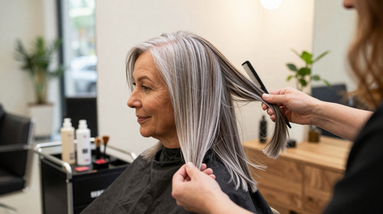 Mulher idosa com cabelo cinzento a ser penteada por cabeleireiro num salão de beleza moderno.