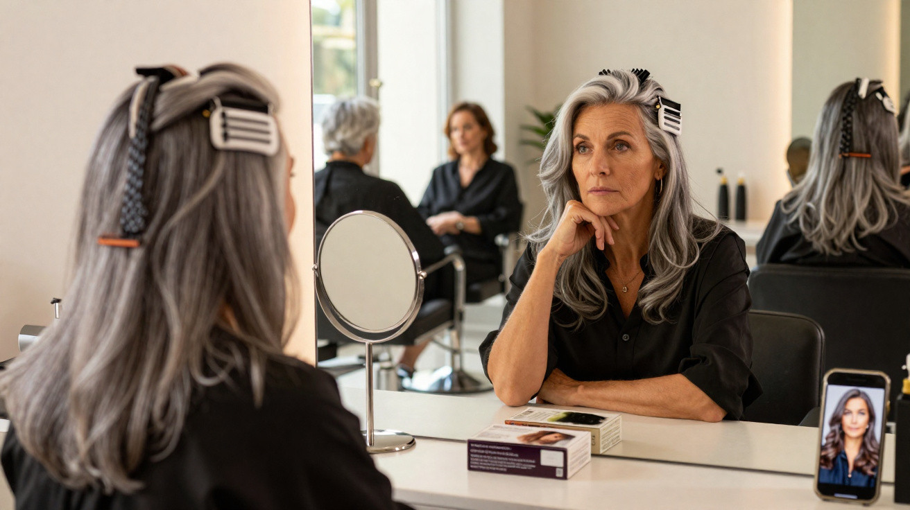 Mulher com cabelo grisalho preso por presilha olha para o espelho num cabeleireiro moderno.