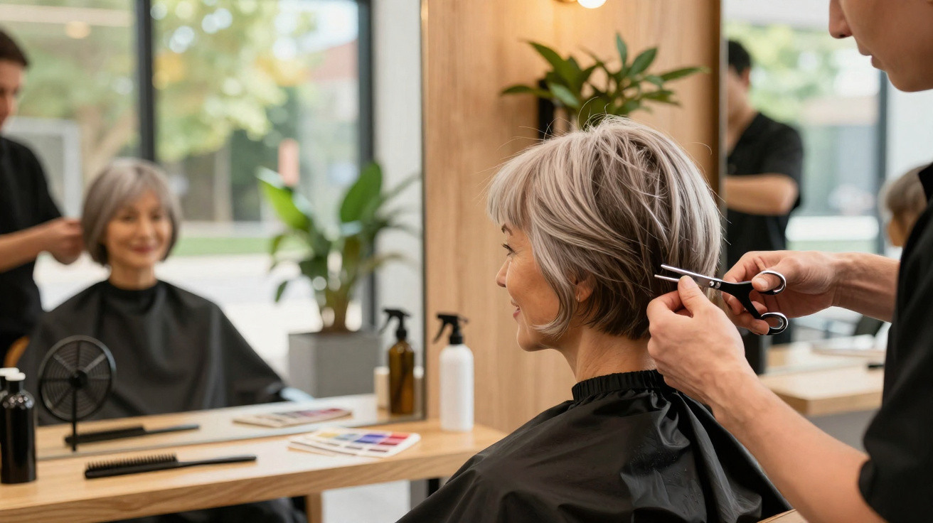 Mulher a cortar o cabelo num salão, sentada à frente do espelho com capa preta.