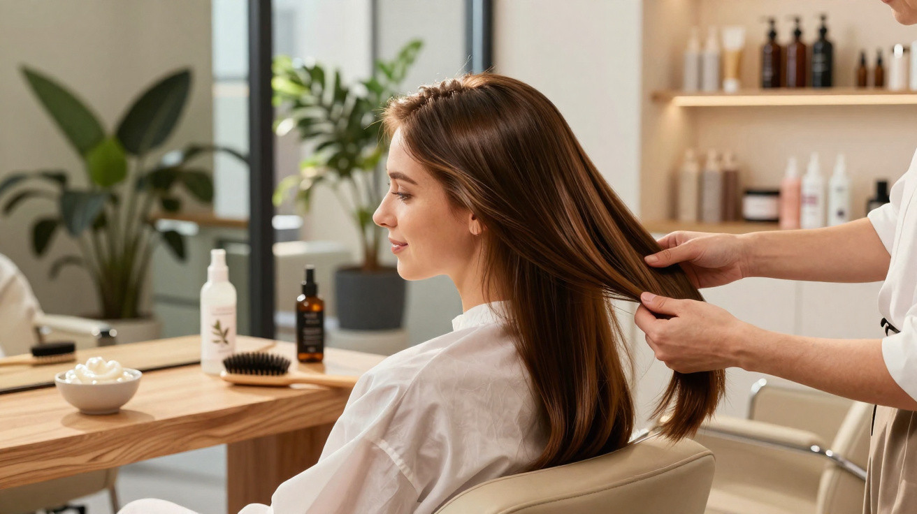 Mulher sentada no cabeleireiro enquanto profissional penteia o seu cabelo liso e comprido.