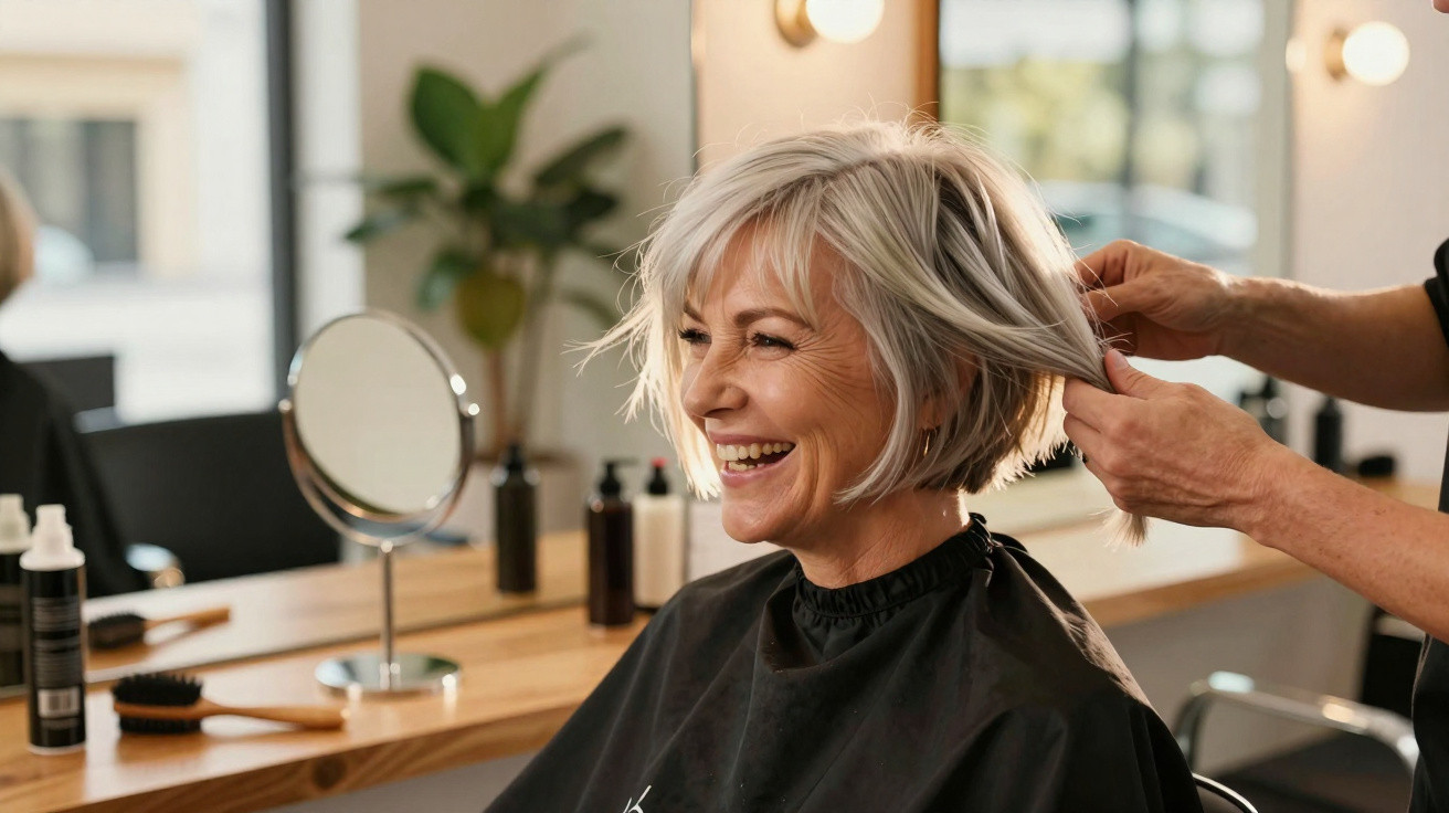 Mulher sorridente com cabelo curto grisalho a ser arranjado por cabeleireiro num salão moderno.
