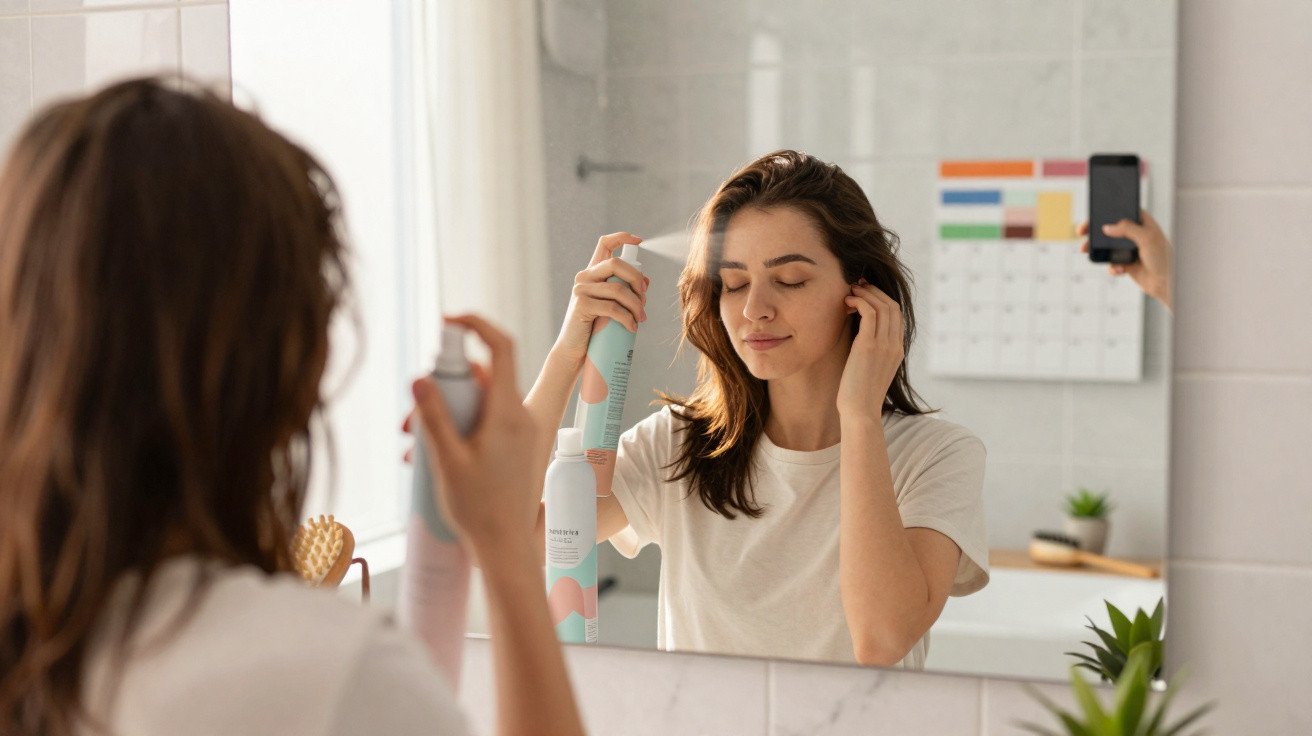Mulher a pulverizar produto no cabelo em frente a espelho num banheiro bem iluminado.