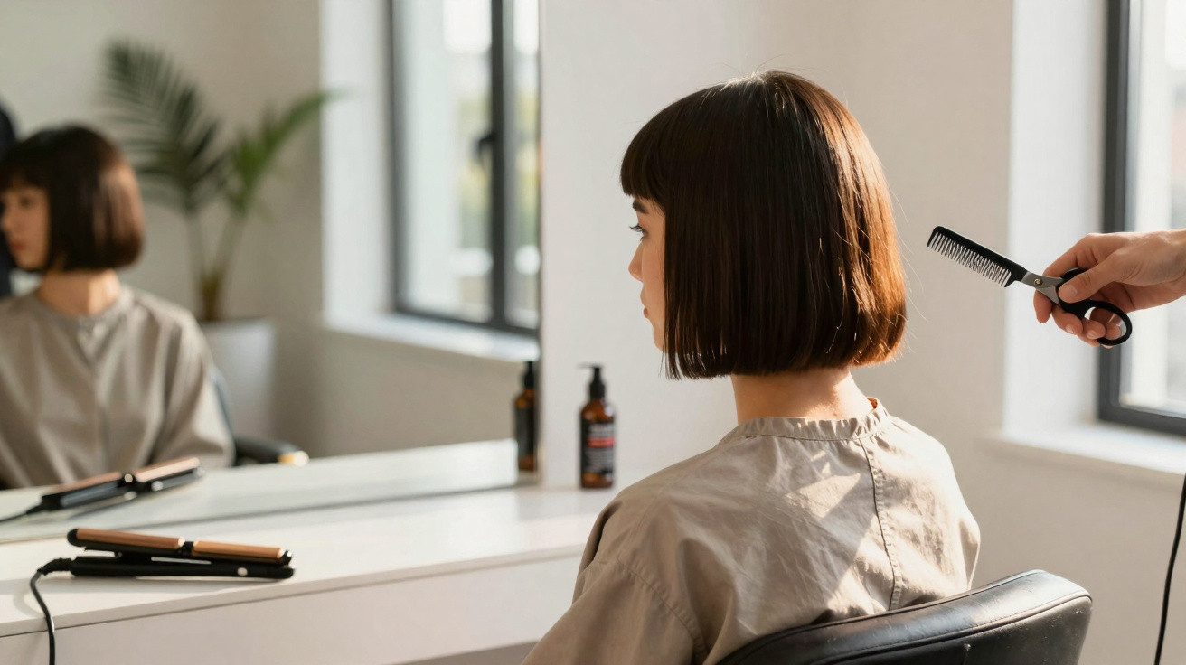 Mulher com cabelo curto no cabeleireiro, sentada em cadeira com capa cinzenta, refletida no espelho.