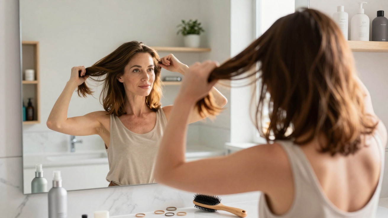 Mulher a pentear o cabelo e a olhar para o espelho numa casa de banho moderna e bem iluminada.