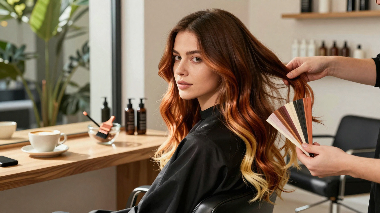 Mulher sentada num cabeleireiro, com cabelo longo e ondulado, enquanto escolhem a cor do cabelo com amostras.