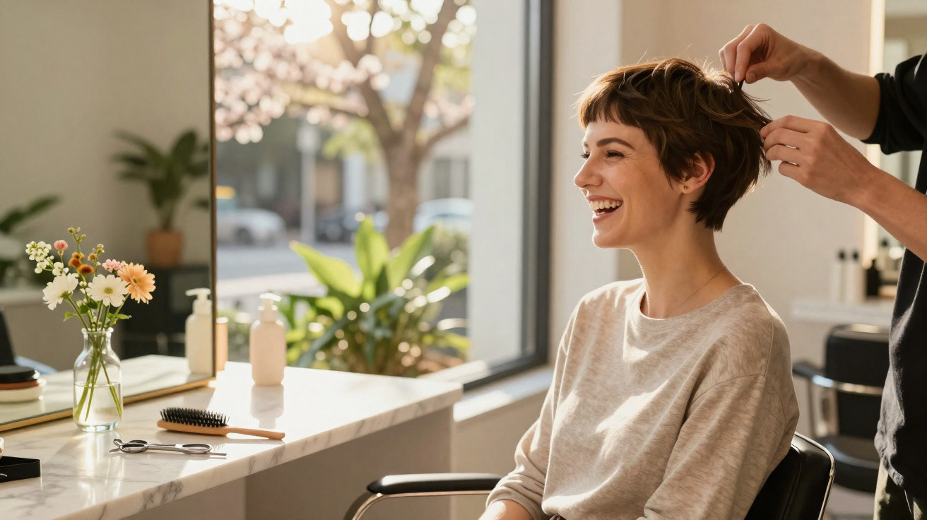 Mulher sorridente a cortar cabelo num salão iluminado com flores e janela grande ao fundo.