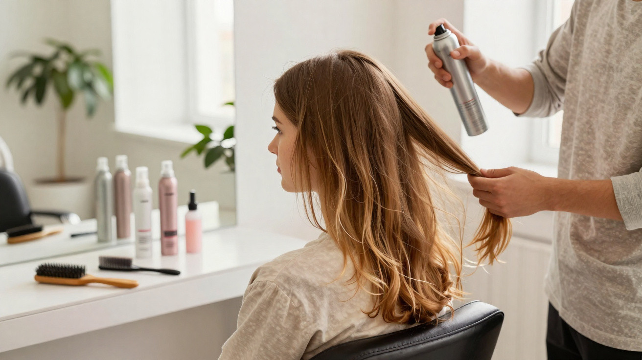 Pessoa sentada num salão de cabeleireiro enquanto cabeleireiro aplica spray no cabelo.