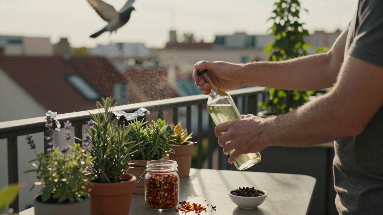 Mãos a abrir garrafa com plantas, especiarias numa mesa e pombo a voar num terraço ensolarado.