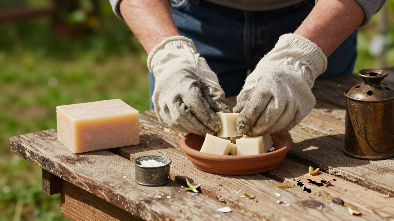 Mãos com luvas a colocar cubos de sabão num prato de barro numa mesa rústica ao ar livre.