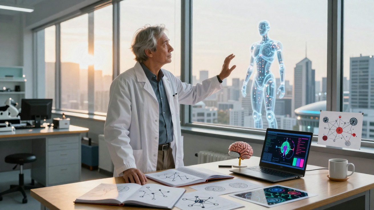 Cientista em laboratório a interagir com holograma de robô humanoide junto a modelos de cérebro e gráficos.