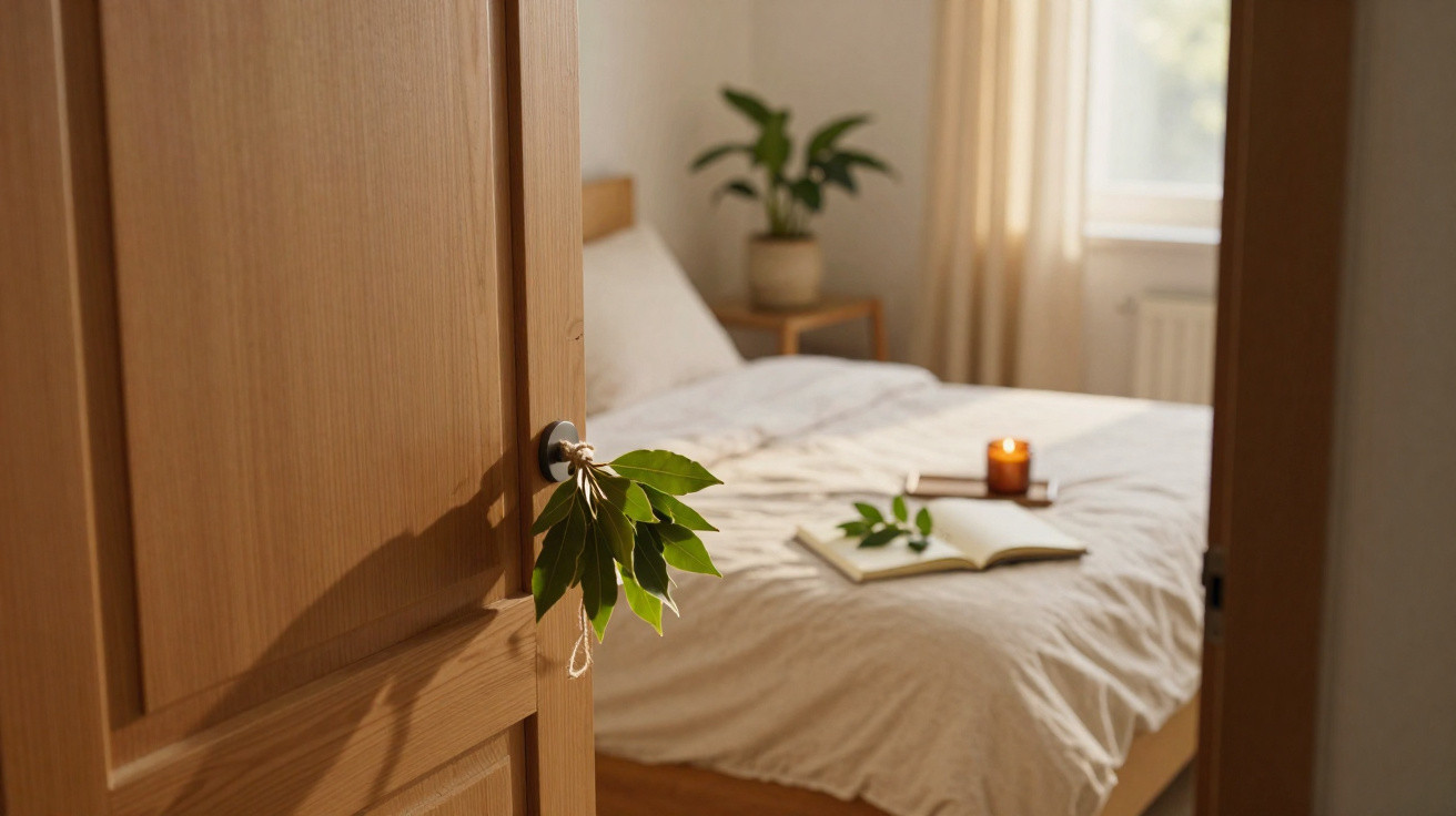 Quarto acolhedor com cama arrumada, porta em madeira com folhas penduradas e livro aberto sobre a cama.