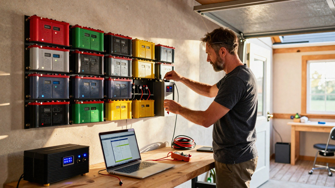 Homem a testar bateria numa bancada com várias baterias, computador portátil e equipamento eletrónico.