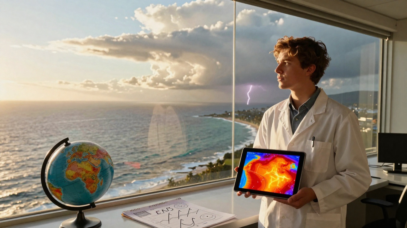 Jovem cientista com bata branca segura tablet com mapa térmico junto a janela com vista para o mar.