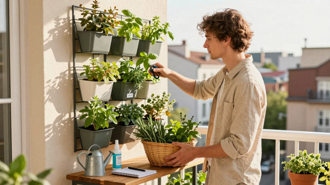 Jovem a cuidar de ervas aromáticas em jardins verticais num varandim com cesta e ferramentas.