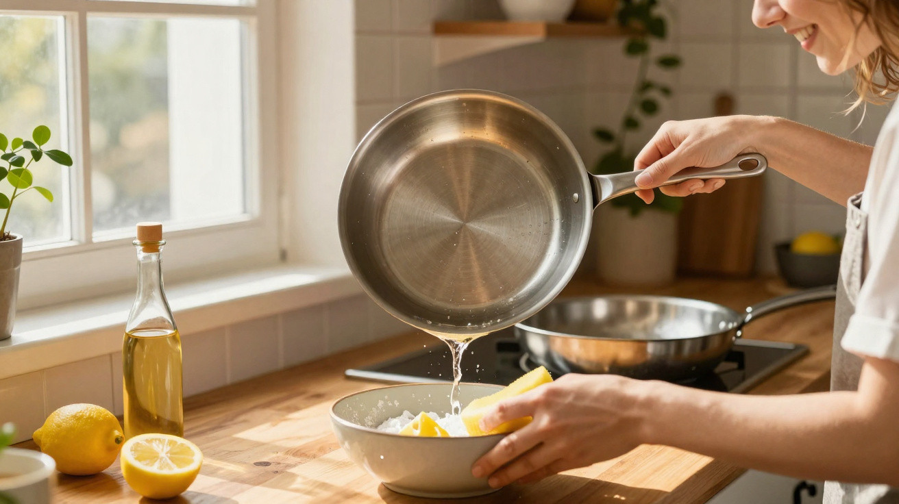 Pessoa a escorrer líquido de uma frigideira para uma tigela com limão, numa cozinha iluminada.