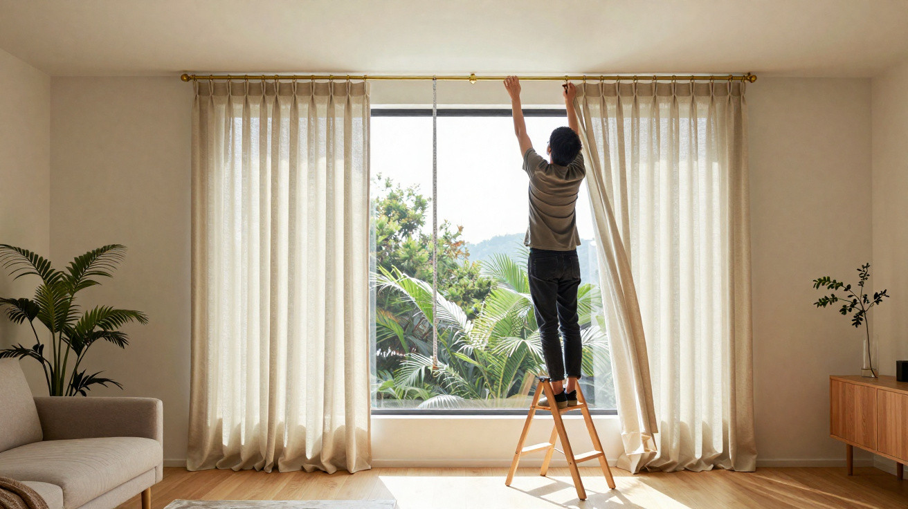 Pessoa em escada pendurando cortinas claras numa sala de estar iluminada com planta e sofá à esquerda.