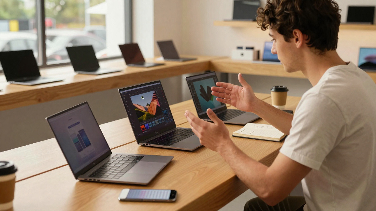 Homem sentado numa loja de tecnologia, avaliando computadores portáteis sobre a mesa de madeira.