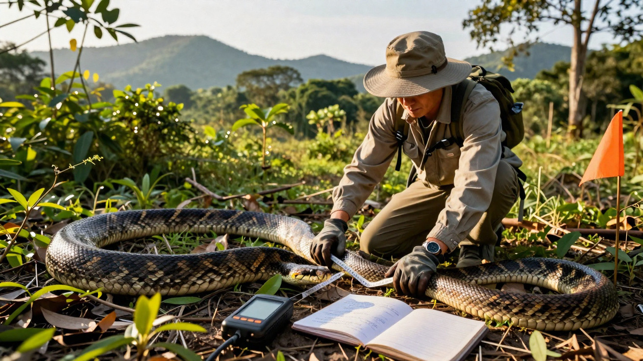 Homem com chapéu e luvas mede uma serpente grande numa área de floresta com montanha ao fundo.