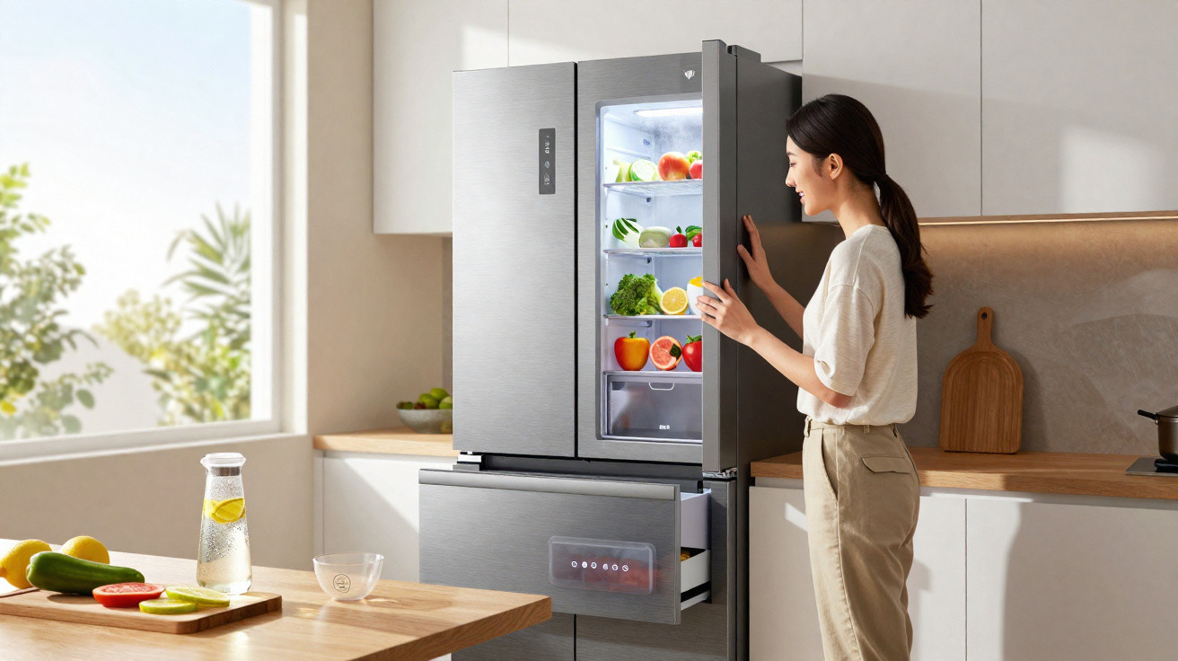 Mulher abre frigorífico moderno cheio de legumes, frutas e garrafas numa cozinha luminosa.
