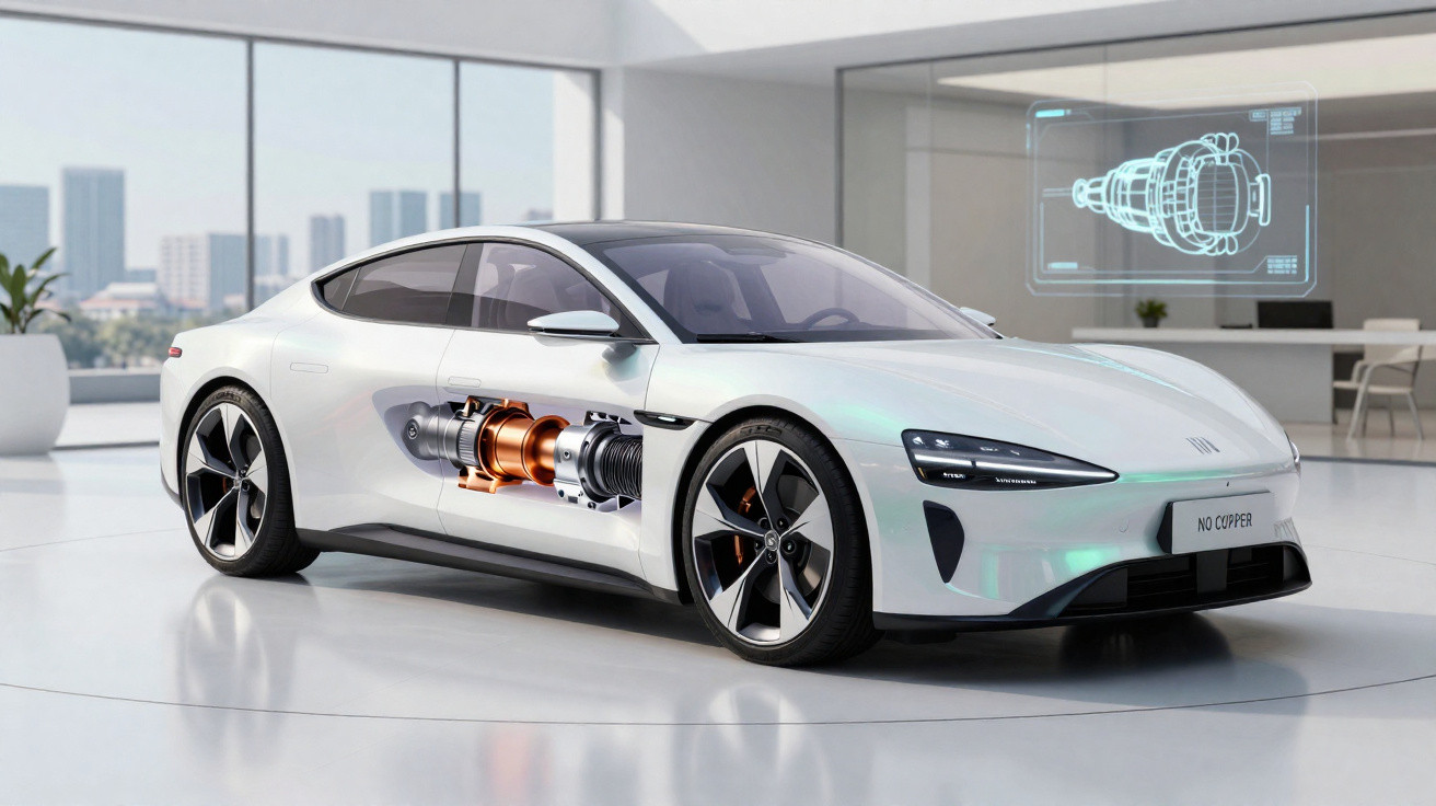 Carro desportivo branco com motor interno visível e holograma técnico num espaço moderno e luminoso.