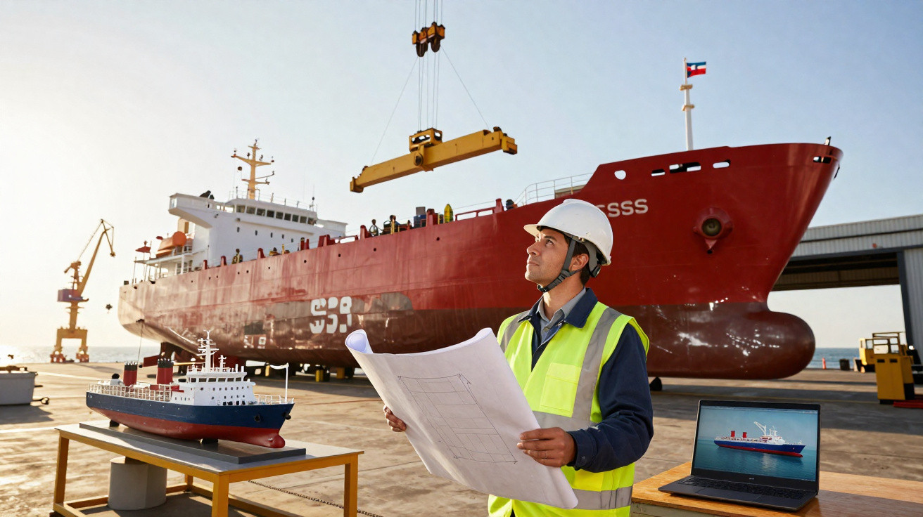 Engenheiro naval com capacete e colete a refletir sobre projeto de navio no porto com modelos e computador.