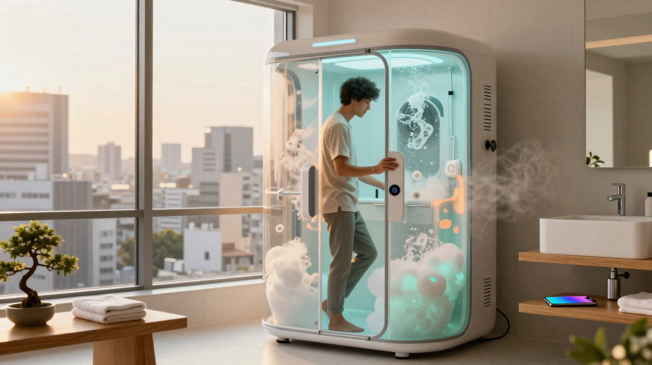 Homem dentro de uma cabine de banho futurista com bolhas e luzes num banheiro moderno com vista para a cidade.