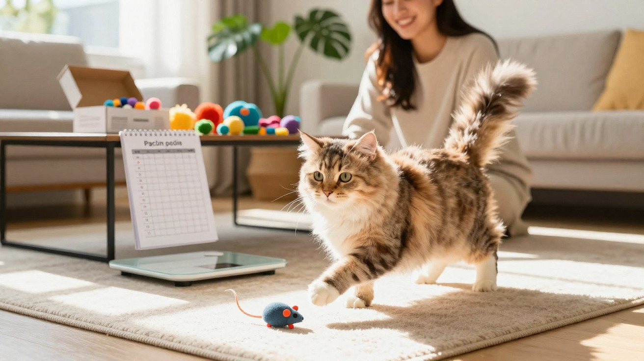 Gato a brincar com brinquedo de rato no tapete, com mulher sorridente a escrever numa secretária ao fundo.
