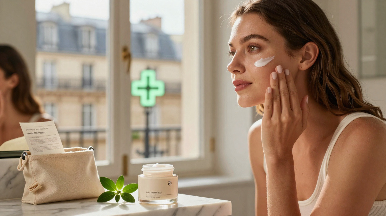 Mulher a aplicar creme facial numa bochecha, sentada junto a uma janela com frasco de creme numa mesa.
