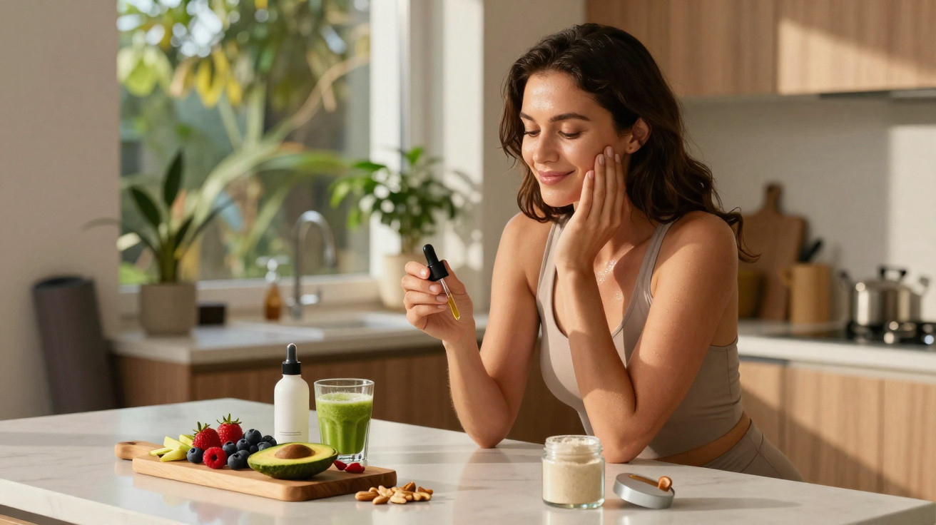 Mulher a aplicar óleo facial numa mão, sentada numa cozinha luminosa com frutos e frascos sobre a mesa.