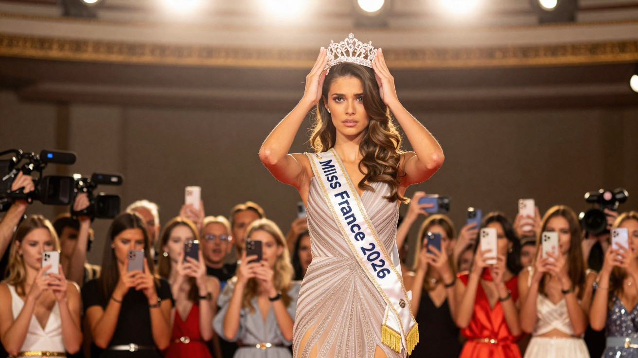 Mulher jovem com faixa Miss France 2026 coloca coroa durante evento de beleza com público a fotografar.