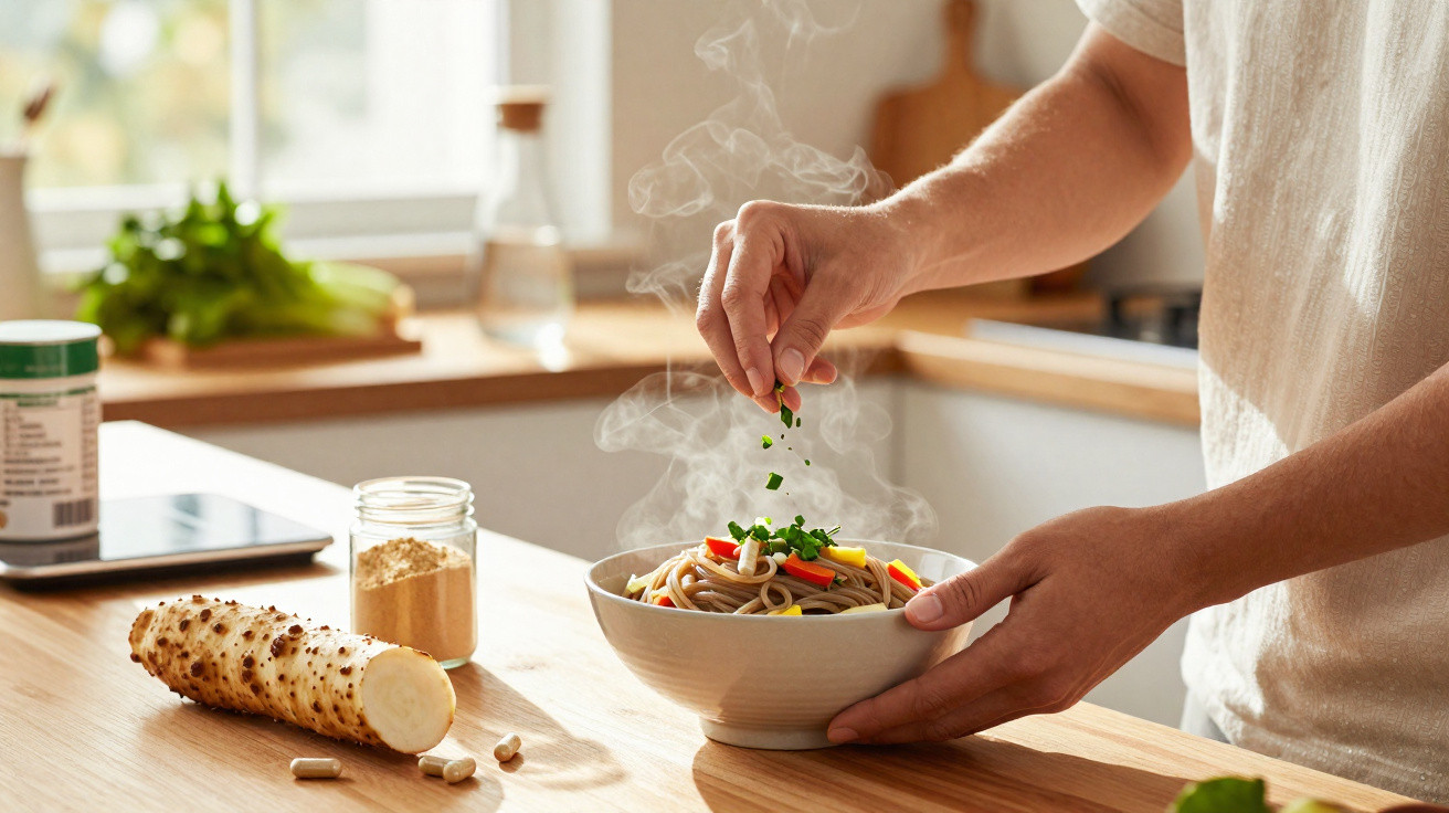 Pessoa a polvilhar ervas frescas numa tigela de noodles com vegetais numa cozinha clara e arejada.