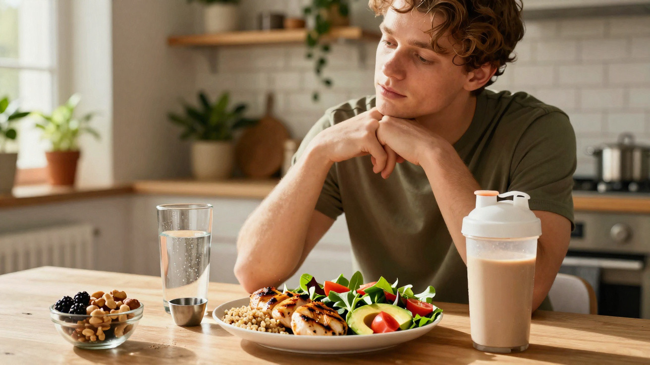 Jovem sentado à mesa da cozinha olhando para um prato de comida saudável com salada e frango grelhado.