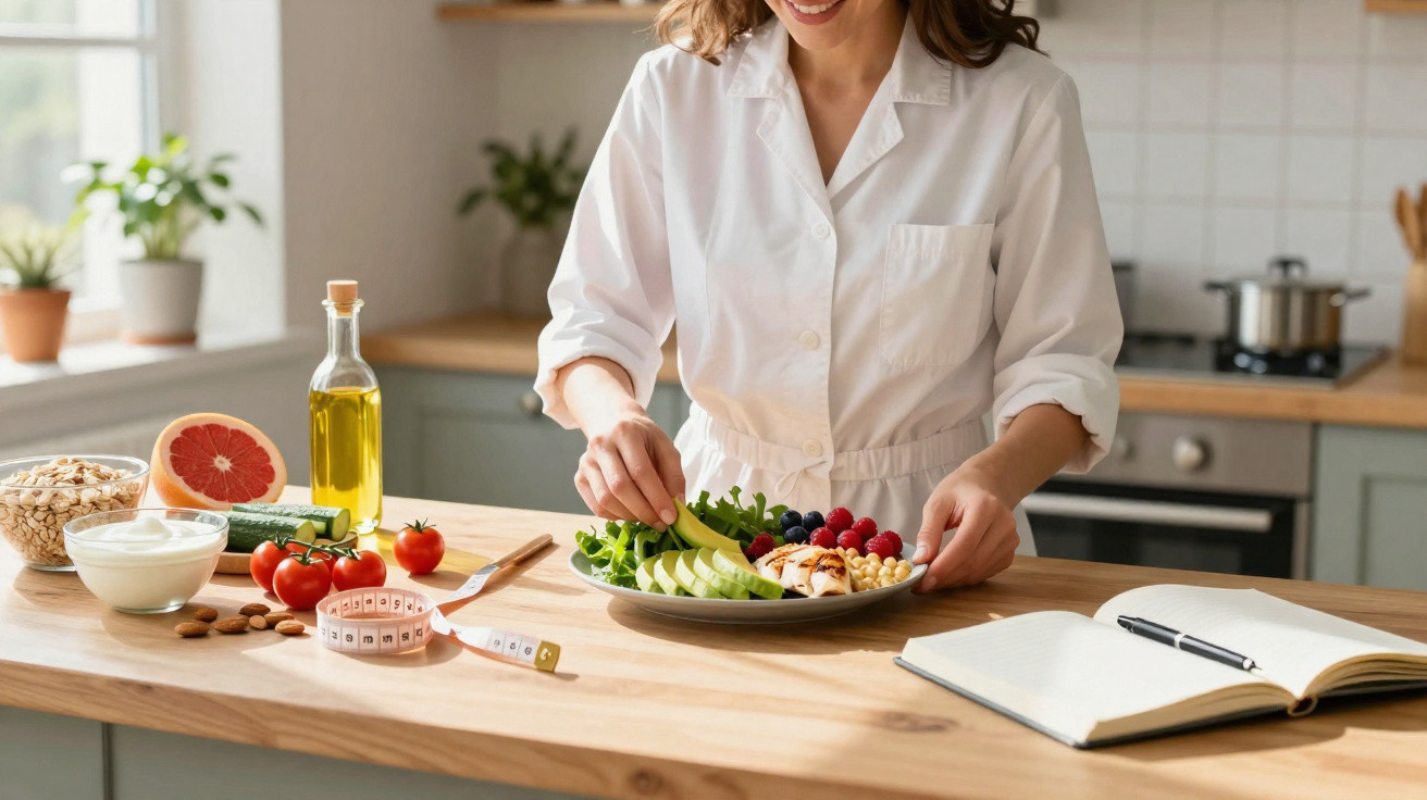 Pessoa a preparar prato saudável com legumes, frutas e grãos numa cozinha moderna e luminosa.
