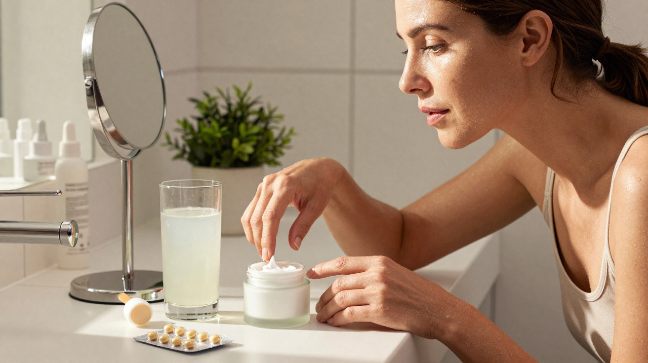 Mulher a aplicar creme no rosto junto a medicamentos e copo com bebida numa mesa de casa de banho.