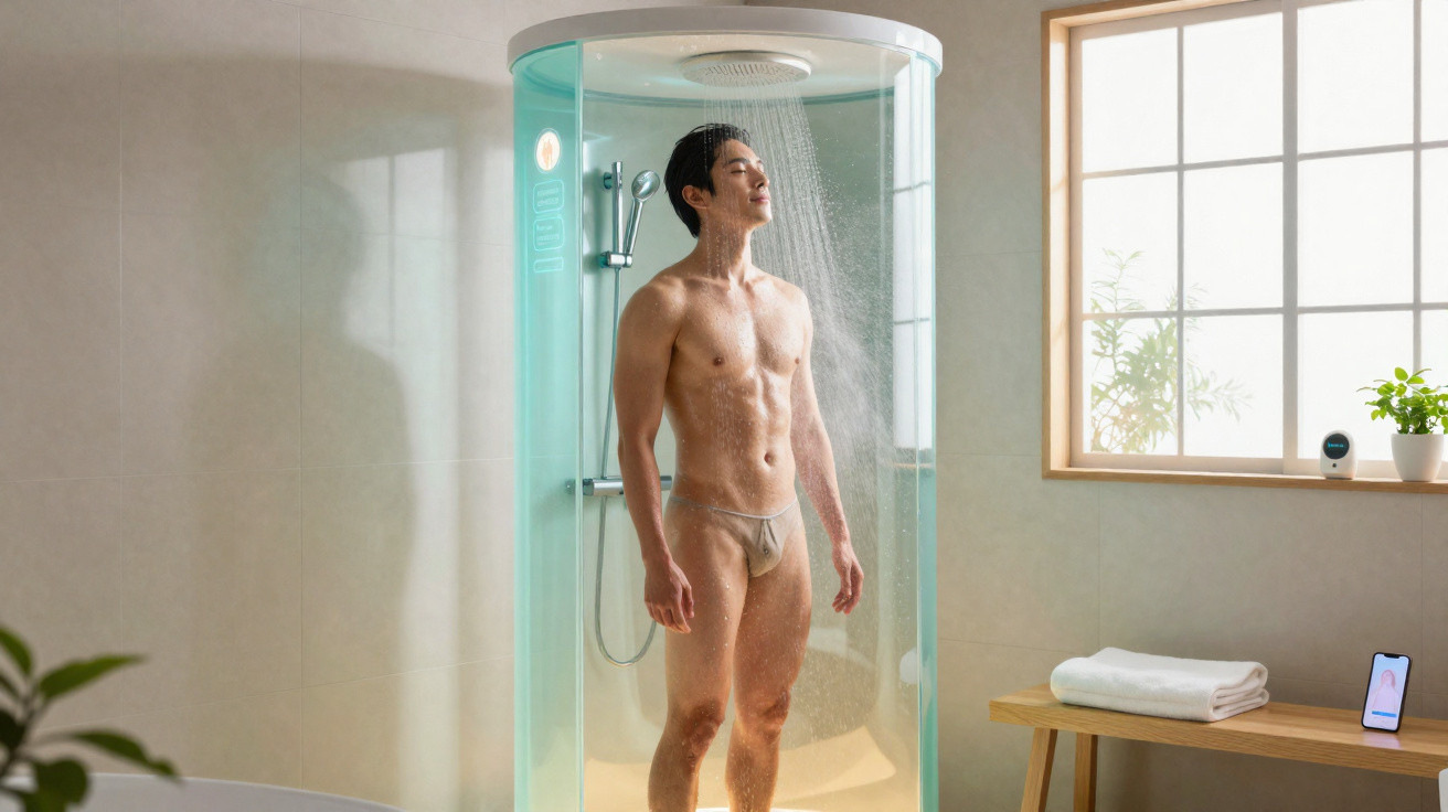 Homem de cuecas a tomar duche numa cabine de banho moderna com luzes LED azuis.