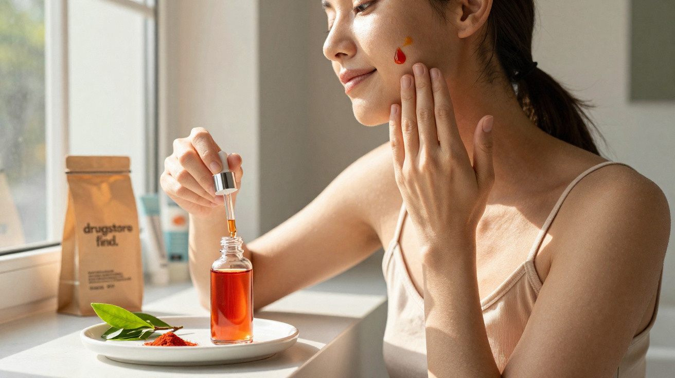 Mulher aplica sérum facial laranja no rosto, sentada junto à janela com produtos de beleza à frente.
