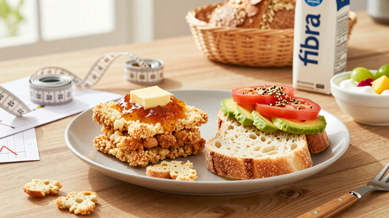 Torradas com manteiga e geleia, boa fatia de pão com avocado e tomate, e pão integral ao fundo.