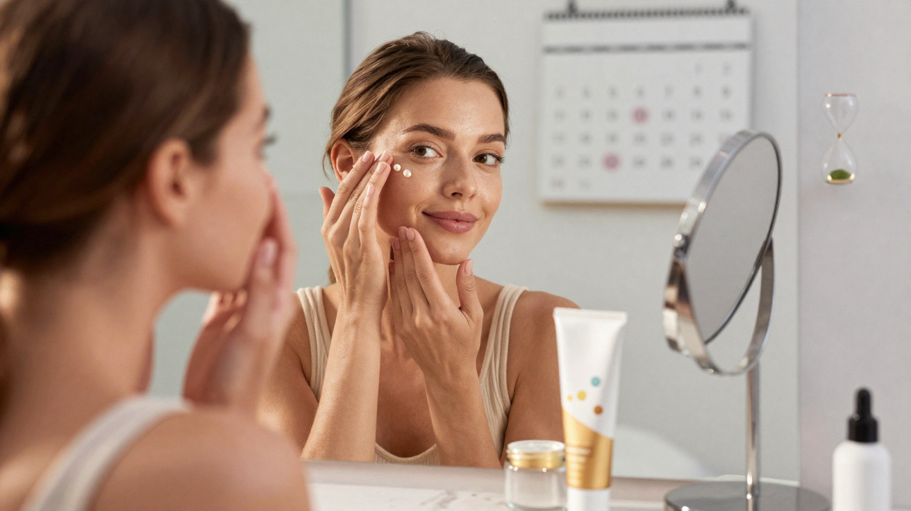 Mulher aplica creme facial junto a espelho e produtos de cuidados de pele num ambiente interior iluminado.